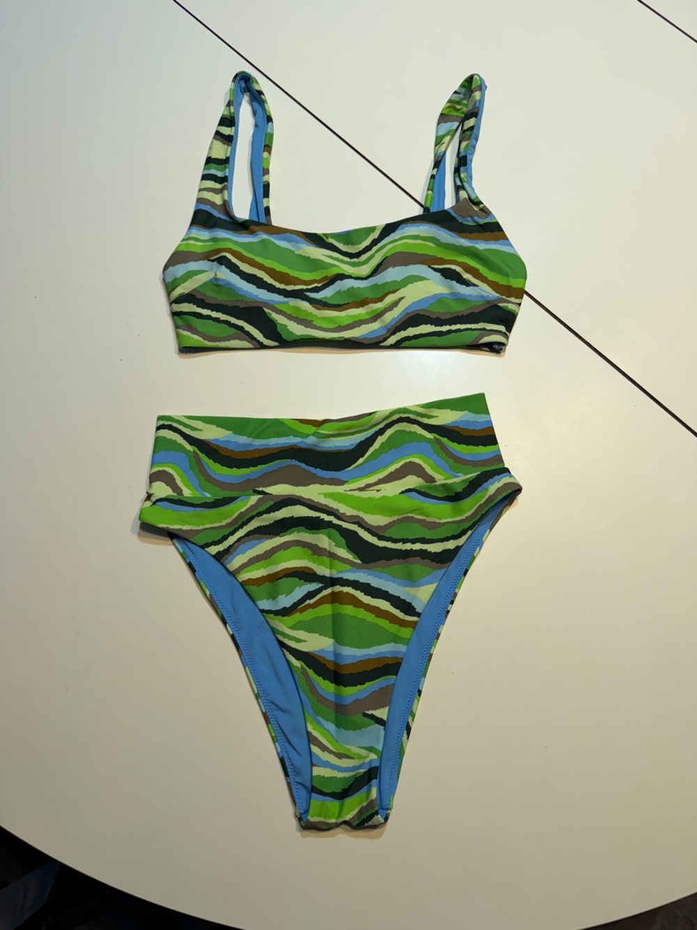 Aerie XS high waisted bright colored camouflage bikini set green blue